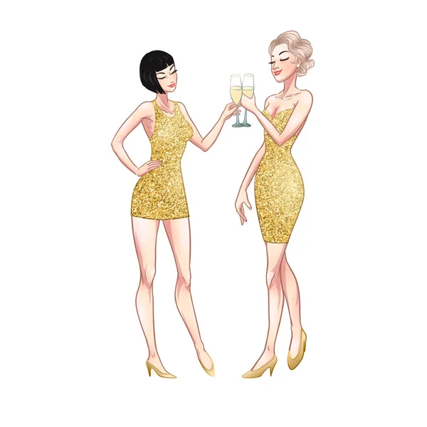 Şampanya kadehleri tutan iki güzel genç kadın. Yirmili yeniden — Stok Vektör