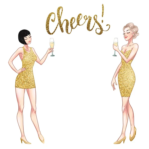Two beautiful young women holding champagne glasses. Twenties re — Stock Vector