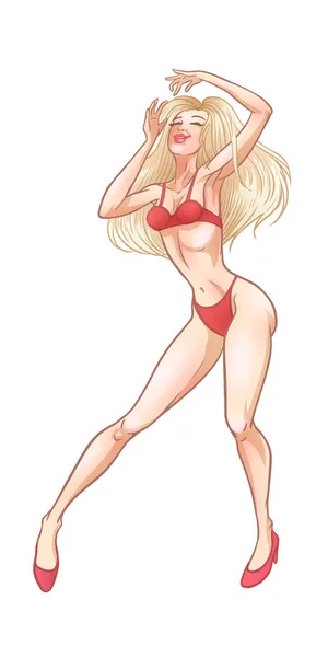 Krásná mladá blondýnka tančí v červeném prádle, sexy — Stockový vektor