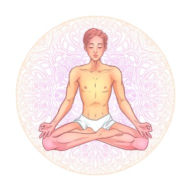 Lotus genç meditasyon yogi adam mandala arka plan üzerinde poz. V