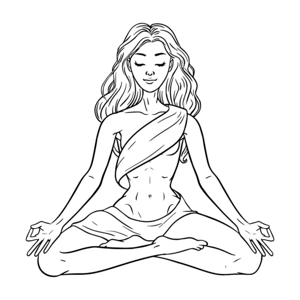Joven mujer yogui meditando en pose de loto aislada en la espalda blanca — Vector de stock