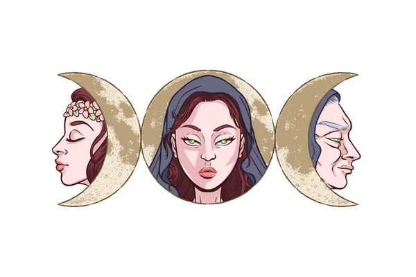 Triple diosa como doncella, madre y bruja, hermosa mujer, sym — Vector de stock