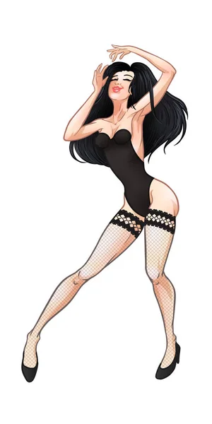 Schöne junge brünette Frau tanzt in schwarzer Unterwäsche und fi Vektorgrafiken