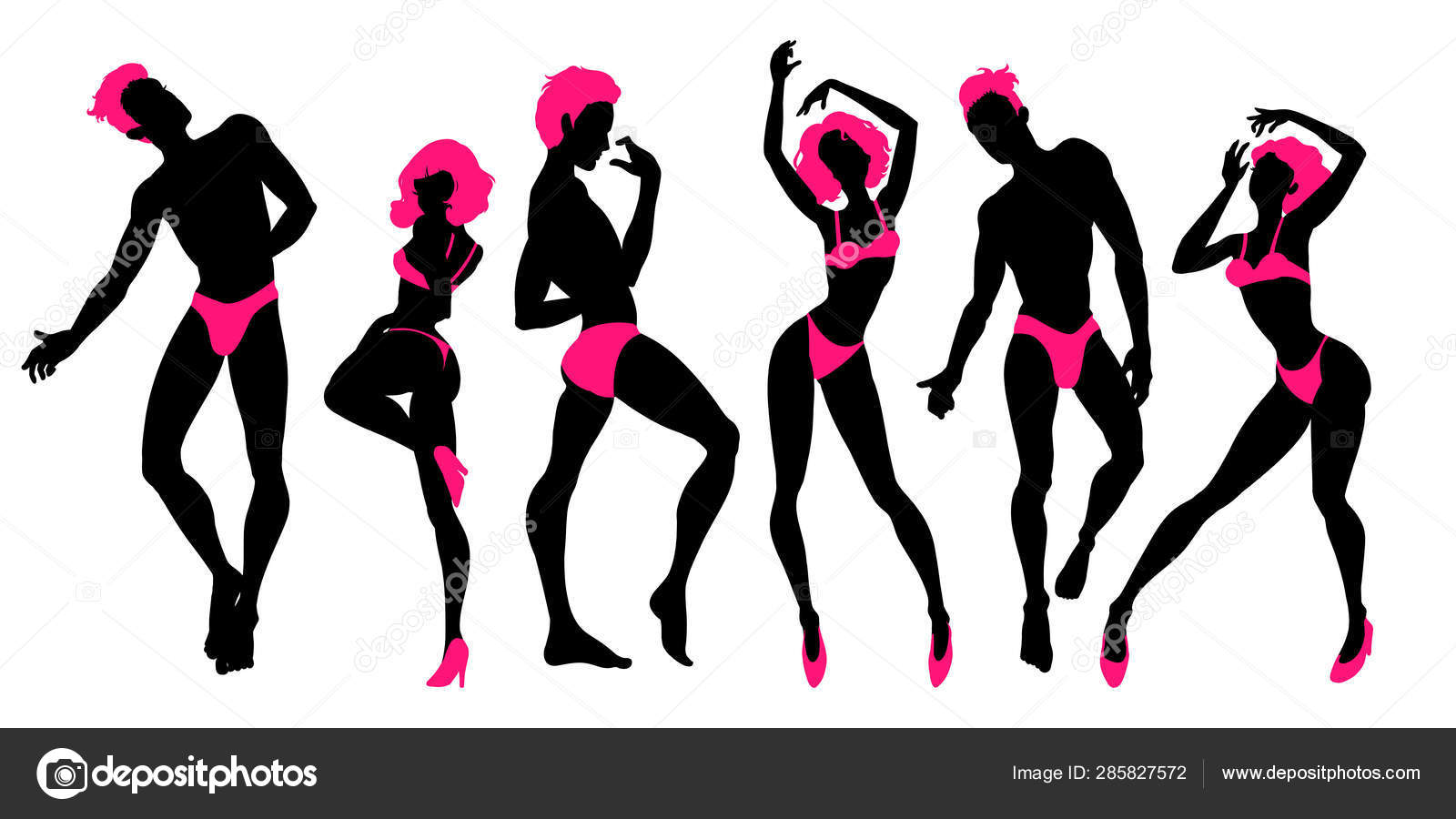 ダンスの人々のシルエット、セクシーなダンサー、男性と女性のグループ ストックベクター ©littlepaw 285827572, image size:1600x900