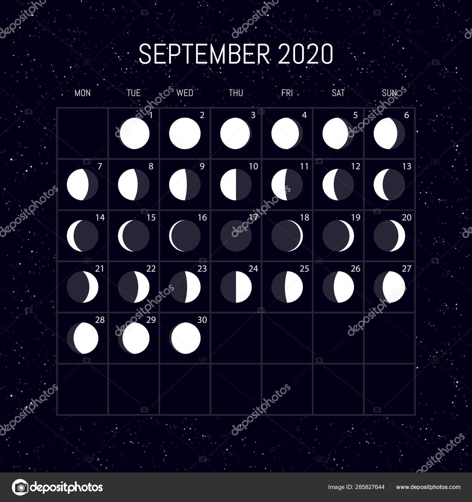 Moon phases calendar for 2020 year. September. Night background Stock  Vector Image by ©littlepaw #285827644