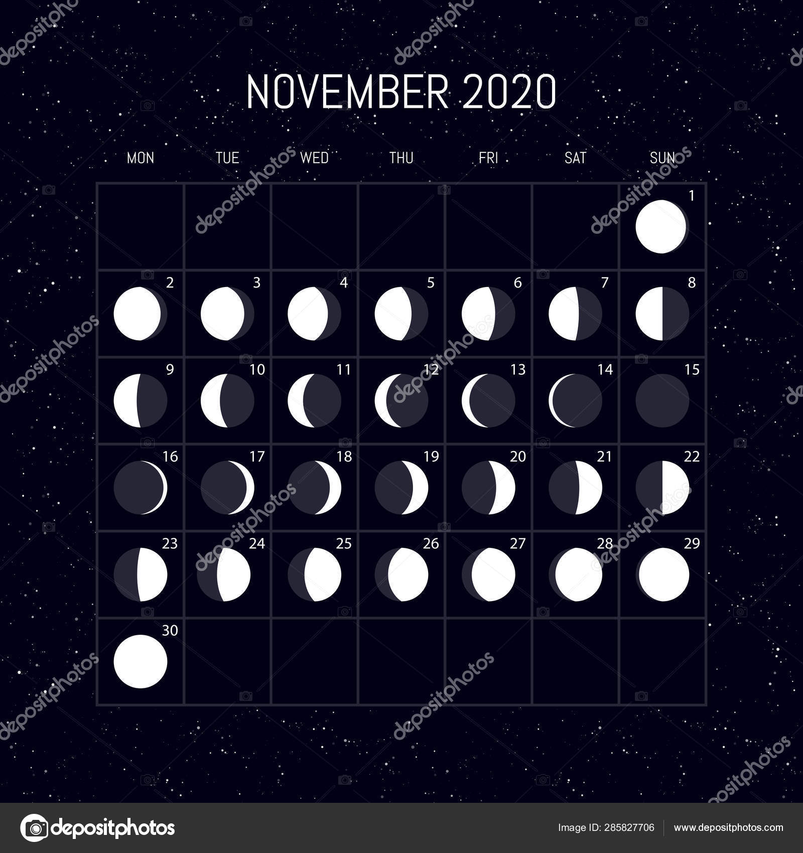 Moon phases calendar for 2020 year. November. Night background d Stock  Vector by ©littlepaw 285827706