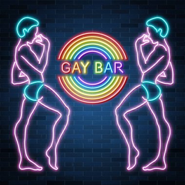 Gay bar neon afiş, seksi adam figürü, erkek siluet, gece kulübü,