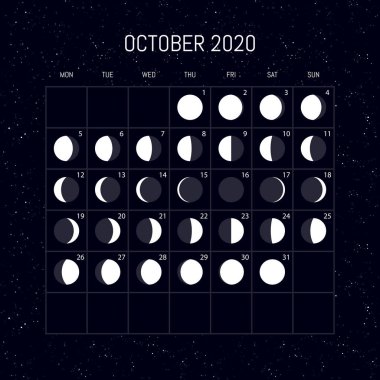 Moon phases calendar for 2020 year. October. Night background de clipart