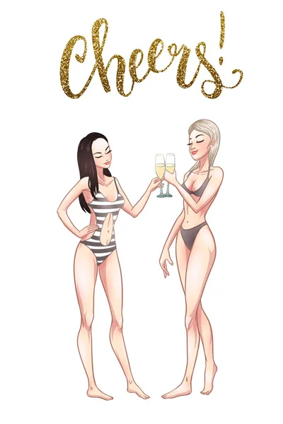 Two beautiful young women in swimsuit holding champagne glasses. — Stock Vector
