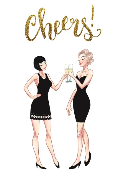 Two beautiful young women holding champagne glasses. Twenties re — Stock Vector