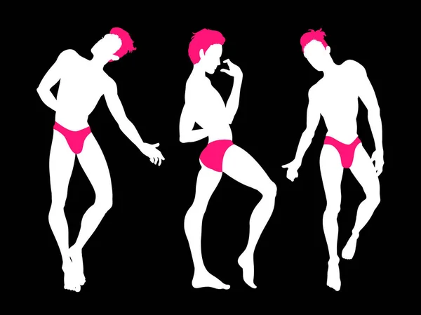 Σέξι όμορφοι άνδρες σιλουέτες χορεύουν με εσώρουχα, στριπτιζέζ, πάει — Διανυσματικό Αρχείο