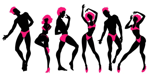 Grupo de personas bailando siluetas, bailarines sexy, hombres y mujeres — Vector de stock