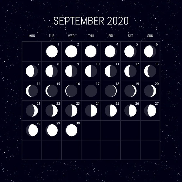 Mondphasen-Kalender für das Jahr 2020. September. Nachthintergrund — Stockvektor