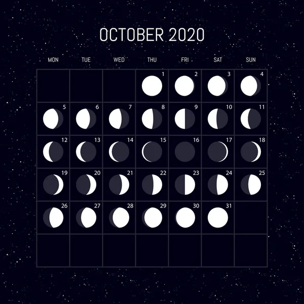 Mondphasen-Kalender für das Jahr 2020. Oktober. Nächtlicher Hintergrund de — Stockvektor