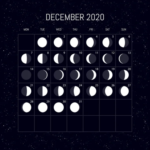 Mondphasen-Kalender für das Jahr 2020. Dezember. Nacht Hintergrund d — Stockvektor