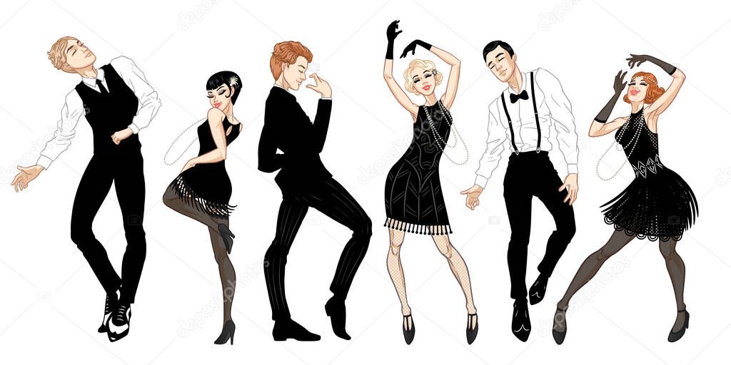 Retro party set, men and women dressed in 1920s style dancing, f