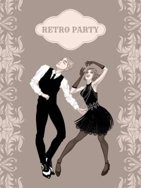Retro parti kartı, erkek ve kadın 1920'lerin tarzı dans giymiş, 