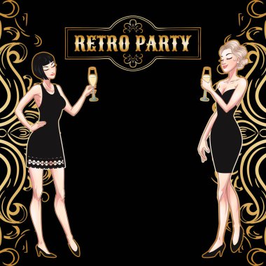 Retro parti kartı, genç güzel kadınlar champange gözlük tutan