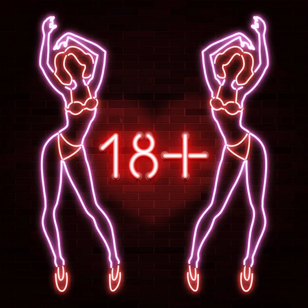 18 + banner met neon silhouet van sexy meisje figuur, vrouw silho — Stockvector