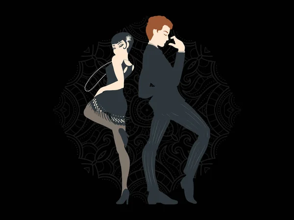 Scheda partito retrò, uomo e donna vestiti in stile anni '20 danza , — Vettoriale Stock
