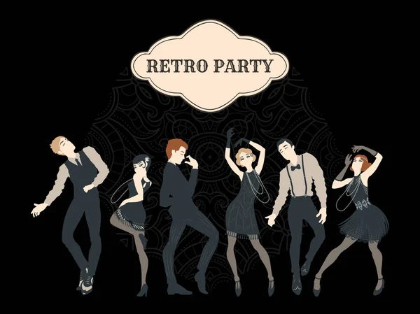 Karty Retro Party, muži a ženy v roce 1920 taneční sloh, — Stockový vektor