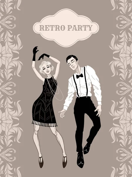 Ретро вечірка картка, чоловік і жінка в одязі в стилі 1920-х років танці , — стоковий вектор