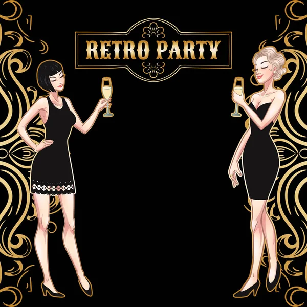 Karta Retro Party, mladé krásné ženy držící v ruce champange — Stockový vektor