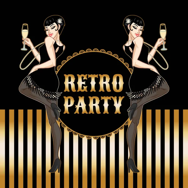 Retro party card, young beautiful woman dressed in 1920s style h — Stock Vector