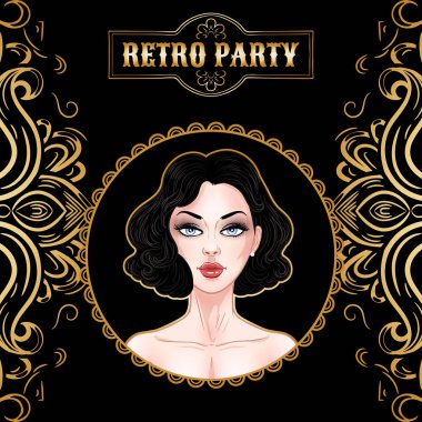 Güzel esmer kadın, flapper kız, retro parti kartı, yirmili