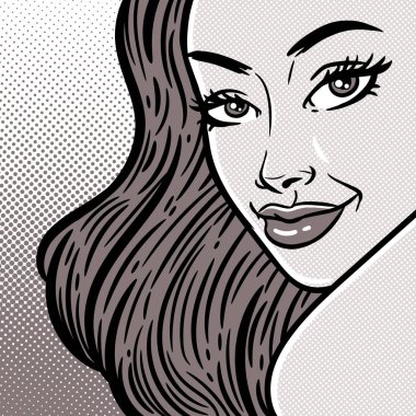 Komik tarzı pop art kız yakın çekim, güzel kadın, vektör yüz 