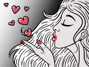 Profil komik tarzı pop art kız bir öpücük üfleme, güzel wo
