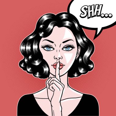 Komik tarzı ağzına bir parmak tutan güzel genç kadın,