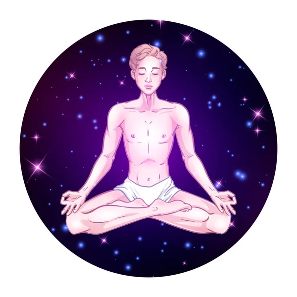 Joven hombre yogui meditando en pose de loto sobre el fondo del espacio con — Archivo Imágenes Vectoriales