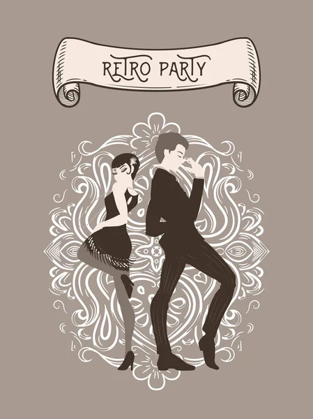 Retro Party Card, man och kvinna klädd i 1920-talets stil Dans, — Stock vektor