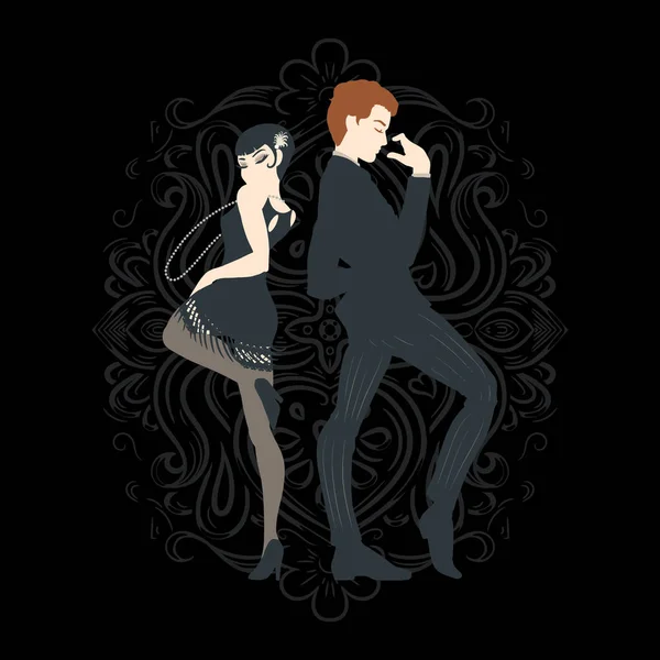Tarjeta de fiesta retro, hombre y mujer vestidos en estilo 1920 bailando , — Vector de stock