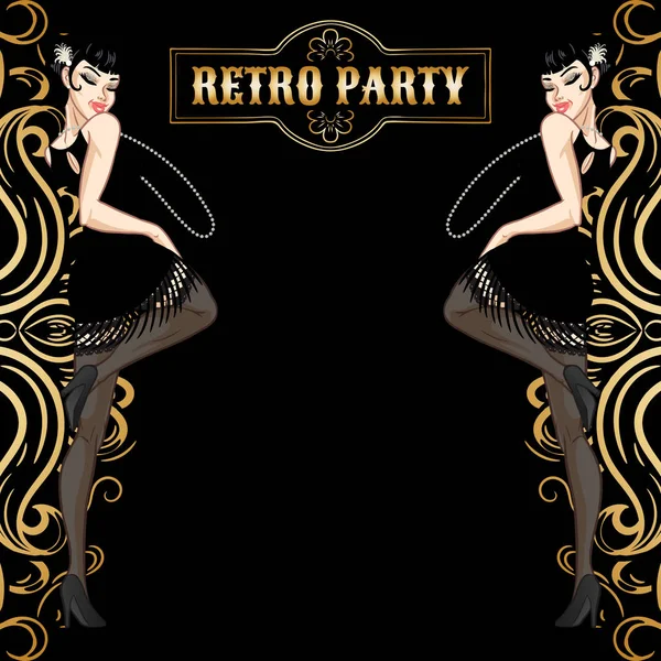 Retro Party Card, kvinna klädd i 1920-talets stil Dans, stängnät — Stock vektor