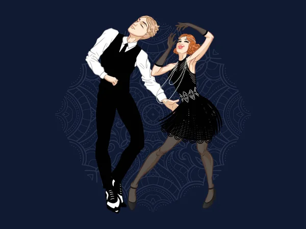 Retro party card, man and woman dressed in 1920s style dancing, — Stock Vector