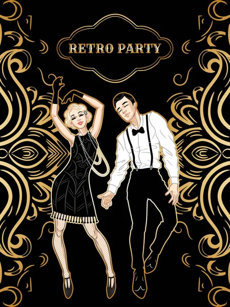 Ретро вечірка картка, чоловік і жінка в одязі в стилі 1920-х років танці , — стоковий вектор