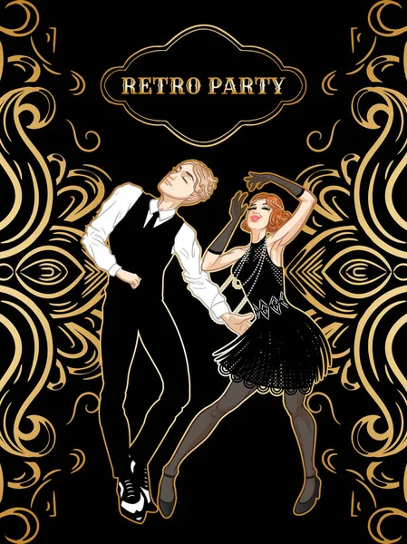 Retro-Party-Karte, Mann und Frau tanzen im Stil der 1920er Jahre, — Stockvektor