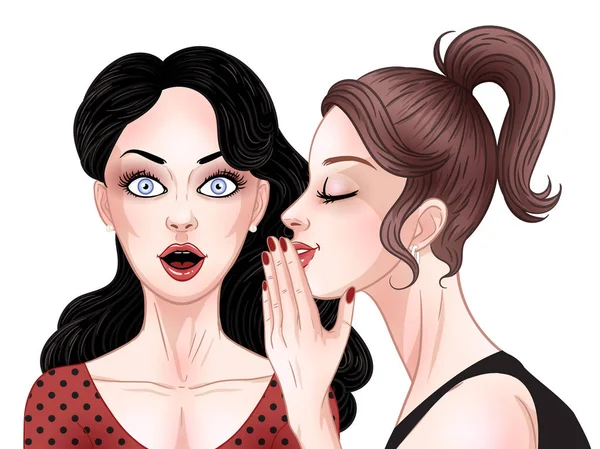 Chicas chismes, mujer de estilo cómico susurrando un secreto a la de un amigo — Vector de stock