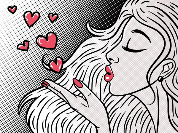 Tegneserie stil pop art pige i profil blæser et kys, smuk wo – Stock-vektor
