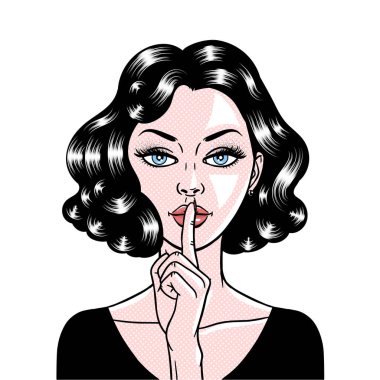 Comic style beautiful young woman holding a finger to her mouth, clipart