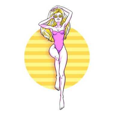 Genç ve güzel sarışın kadın. Plaj kızı, bikini, su