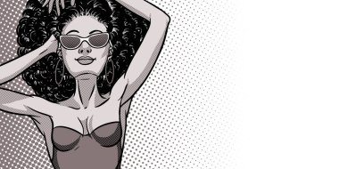 Mayo giymiş genç, güzel siyah kadın. Plaj kızı, bikini, toplamı