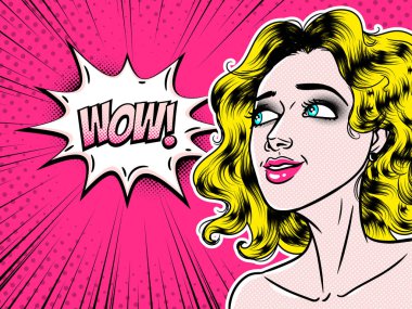 Komik tarzı güzel genç kadın konuşma kabarcık wow söyleyerek, p