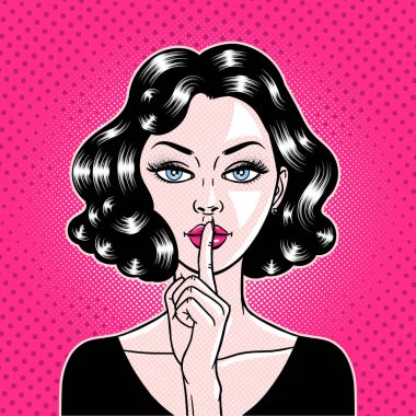 Comic style beautiful young woman holding a finger to her mouth  clipart