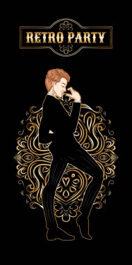 Retro parti kartı, yakışıklı adam 1920'lerin tarzı dans giymiş, d