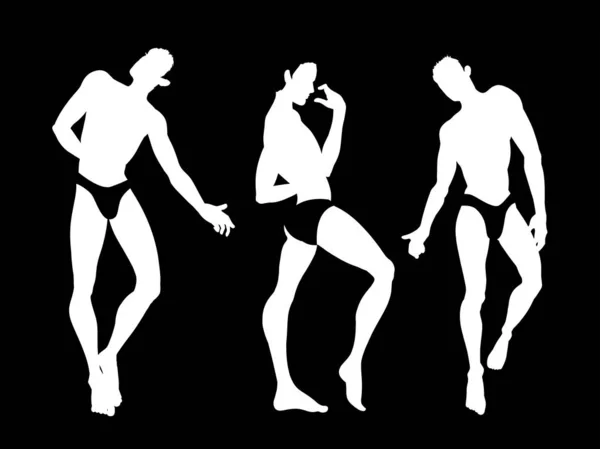 Sexy handsome men silhouettes dancing in underwear, stripper, go — Stock Vector
