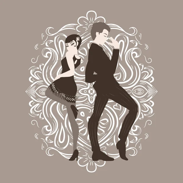 Tarjeta de fiesta retro, hombre y mujer vestidos en estilo 1920 bailando , — Vector de stock