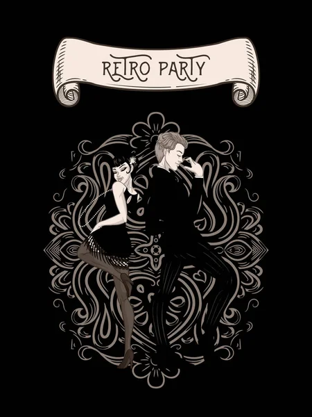 Retro-Party-Karte, Mann und Frau tanzen im Stil der 1920er Jahre, — Stockvektor
